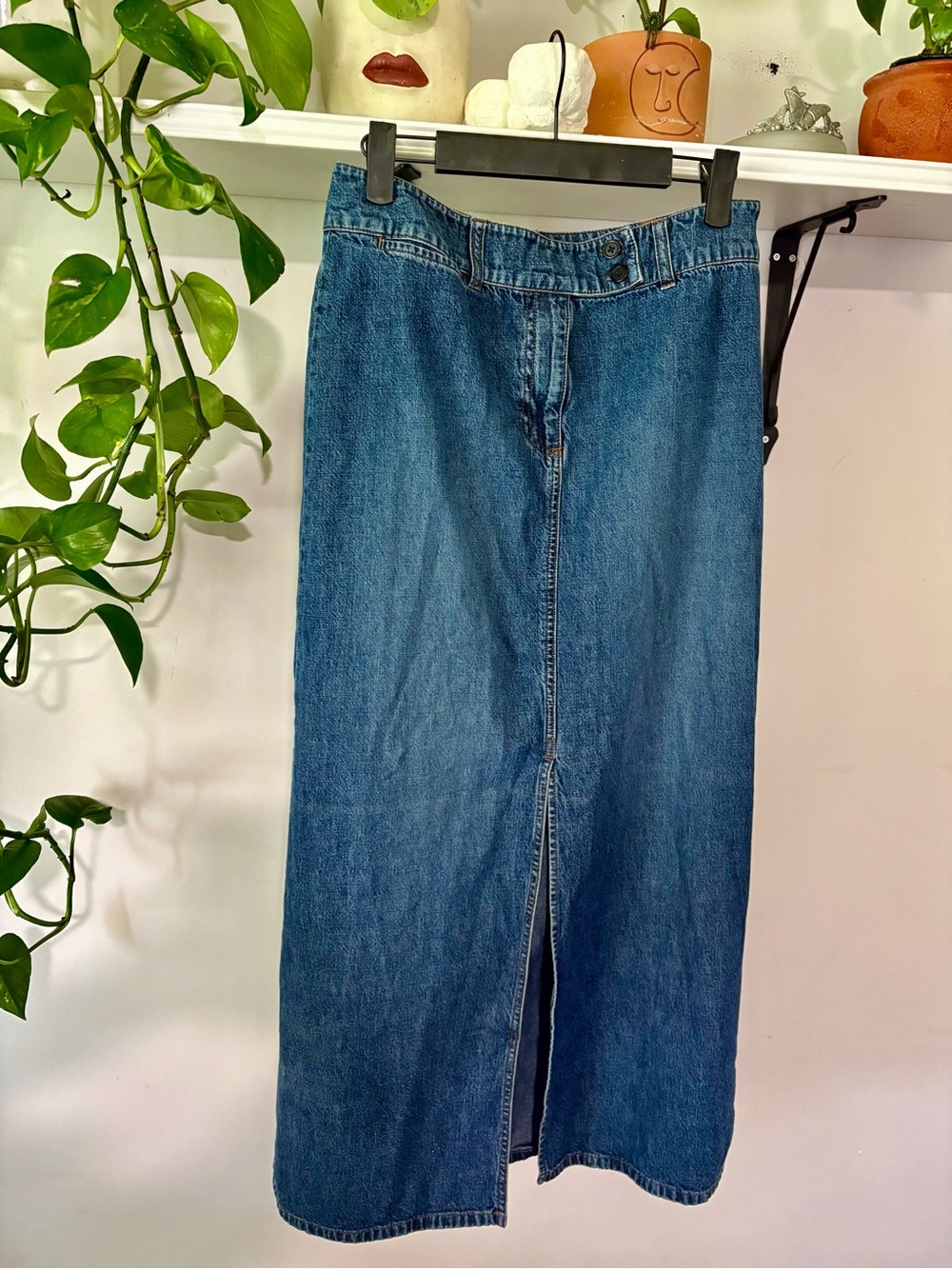 Denim Maxi Skirt with Front Slit - Blue